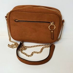 H&M Faux Brown Suede Gold Chain Crossbody Shoulder Bag Gold Accents